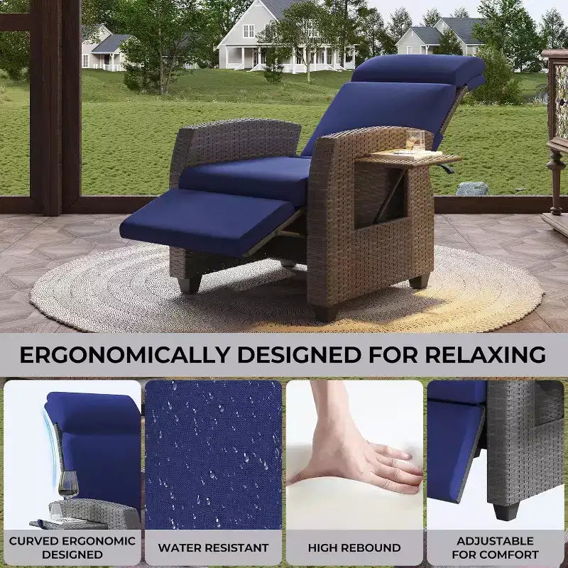 Fauteuil de relaxation d'extérieur avec dossier et repose-pieds réglables, chaise longue inclinable en résine tressée avec tablette relevable, pompe à air, 155° à plat