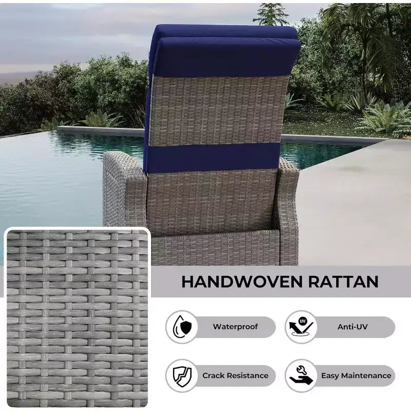 Fauteuil de relaxation d'extérieur avec dossier et repose-pieds réglables, chaise longue inclinable en résine tressée avec tablette relevable, pompe à air, 155° à plat