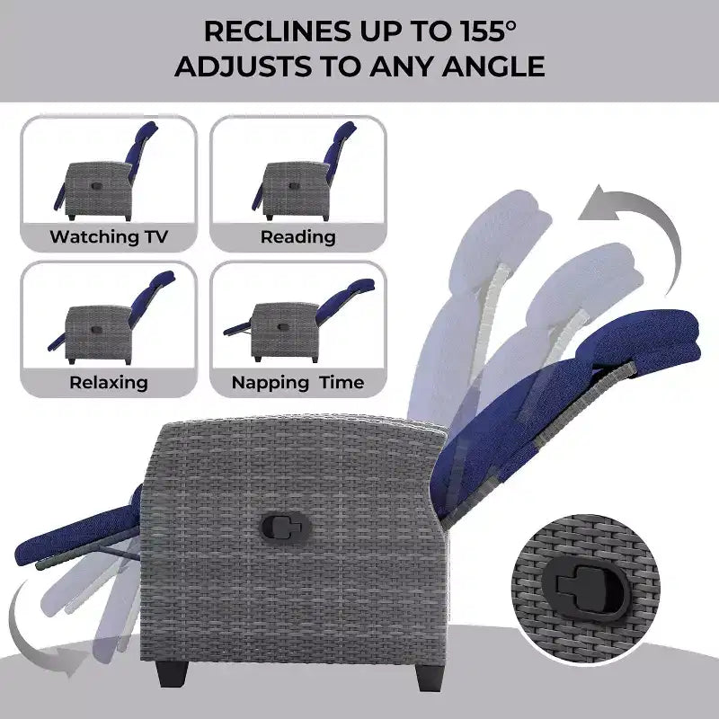 Fauteuil de relaxation d'extérieur avec dossier et repose-pieds réglables, chaise longue inclinable en résine tressée avec tablette relevable, pompe à air, 155° à plat