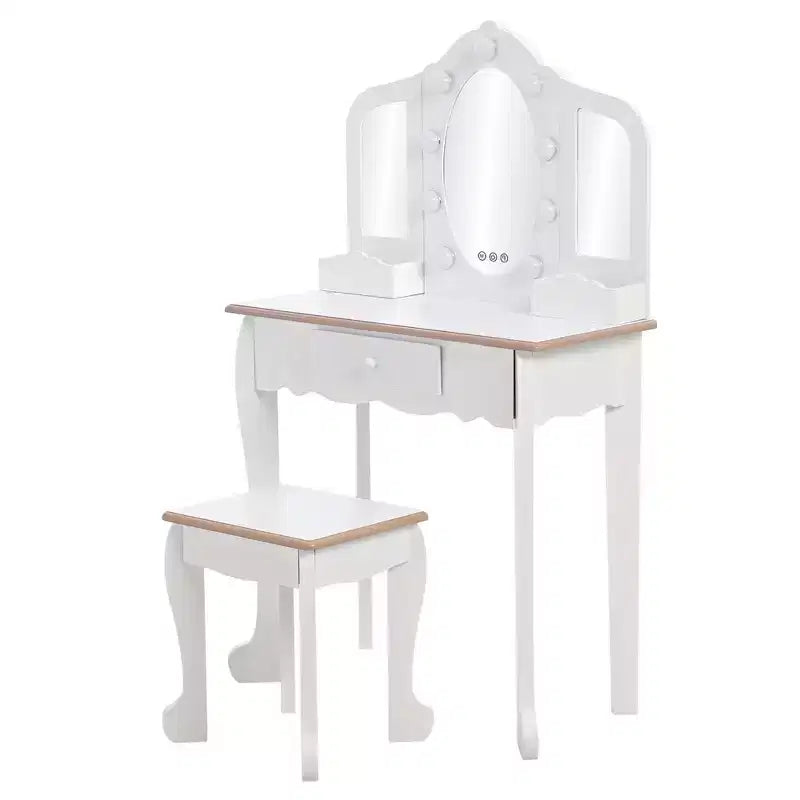 Coiffeuse pour enfant avec miroir lumineux - Table de jeu et tabouret avec miroir triptyque et rangement