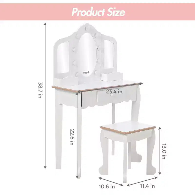 Coiffeuse pour enfant avec miroir lumineux - Table de jeu et tabouret avec miroir triptyque et rangement