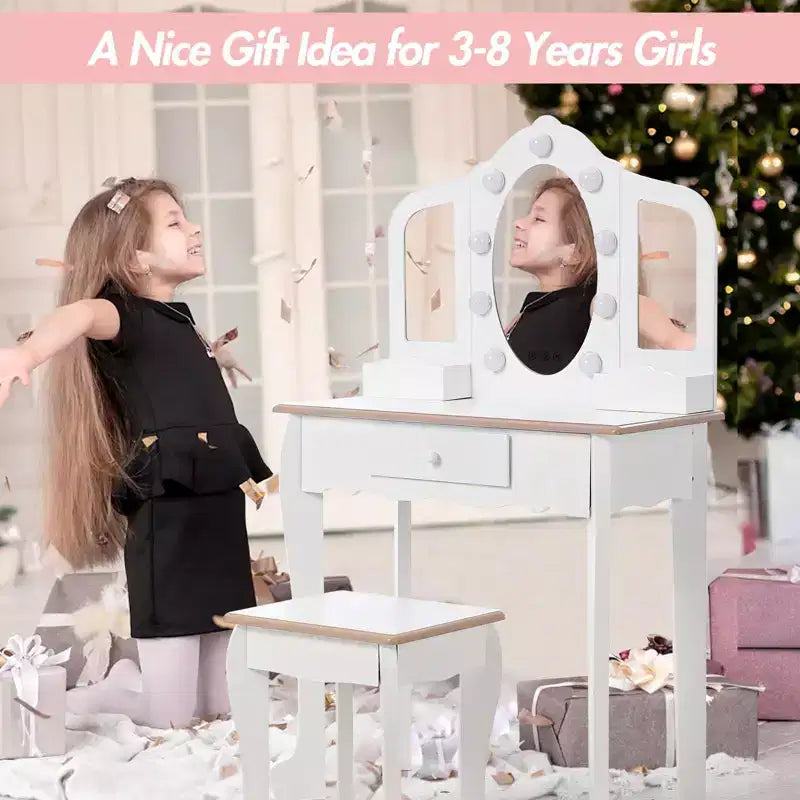 Coiffeuse pour enfant avec miroir lumineux - Table de jeu et tabouret avec miroir triptyque et rangement