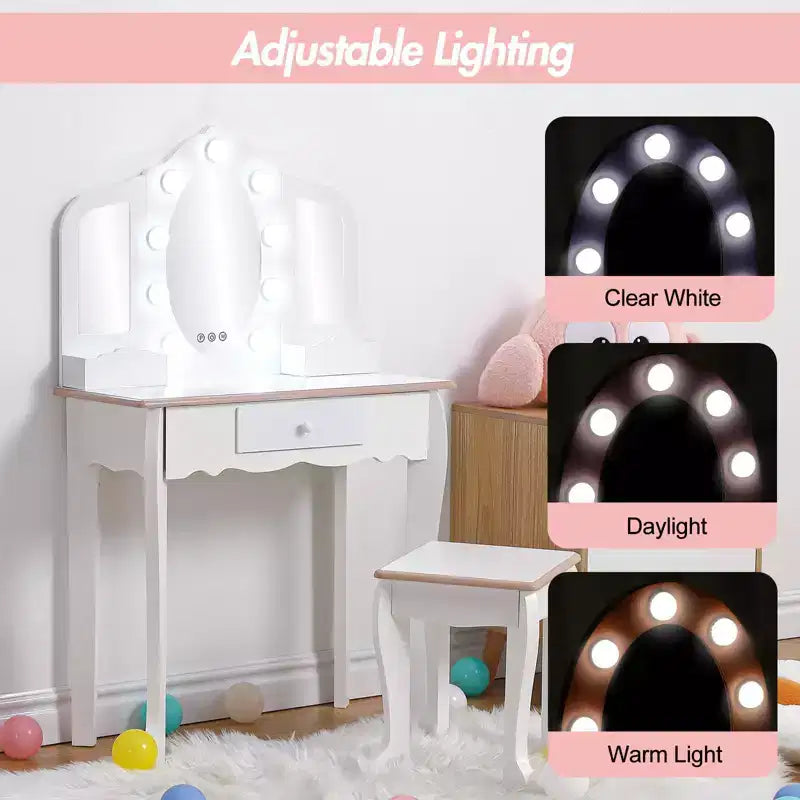 Coiffeuse pour enfant avec miroir lumineux - Table de jeu et tabouret avec miroir triptyque et rangement