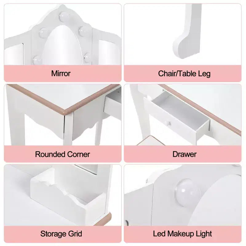 Coiffeuse pour enfant avec miroir lumineux - Table de jeu et tabouret avec miroir triptyque et rangement