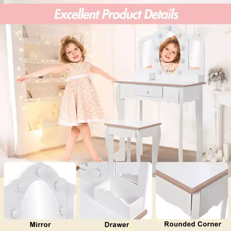 Coiffeuse pour enfant avec miroir lumineux - Table de jeu et tabouret avec miroir triptyque et rangement