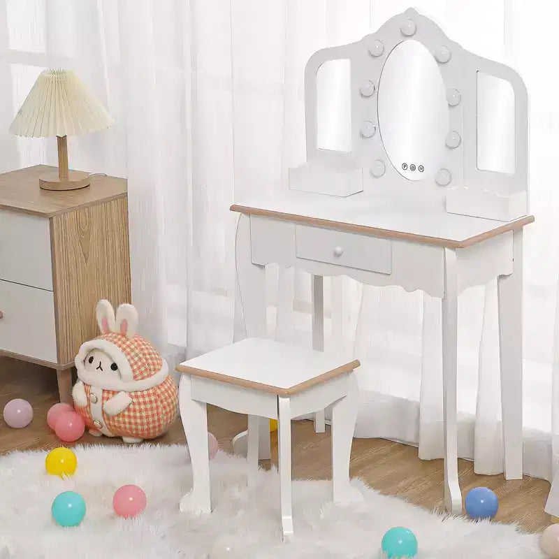 Coiffeuse pour enfant avec miroir lumineux - Table de jeu et tabouret avec miroir triptyque et rangement