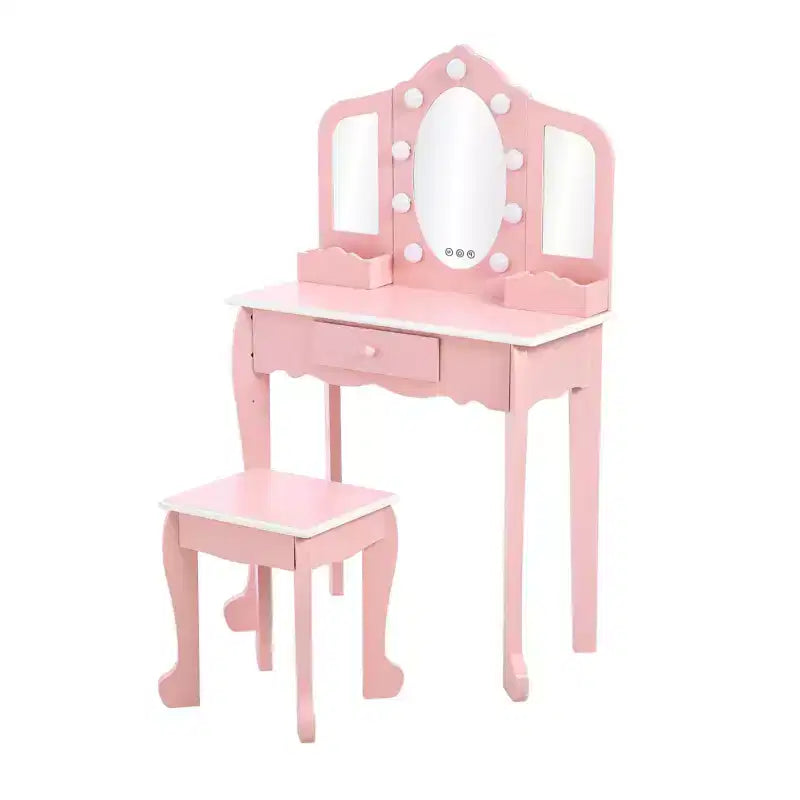 Coiffeuse pour enfant avec miroir lumineux - Table de jeu et tabouret avec miroir triptyque et rangement