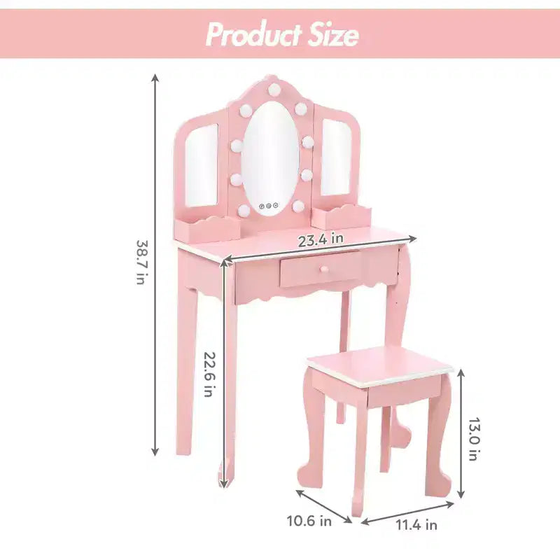 Coiffeuse pour enfant avec miroir lumineux - Table de jeu et tabouret avec miroir triptyque et rangement