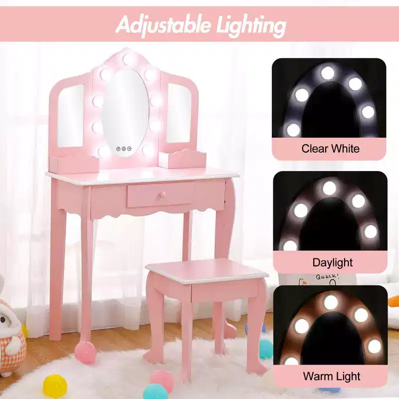 Coiffeuse pour enfant avec miroir lumineux - Table de jeu et tabouret avec miroir triptyque et rangement