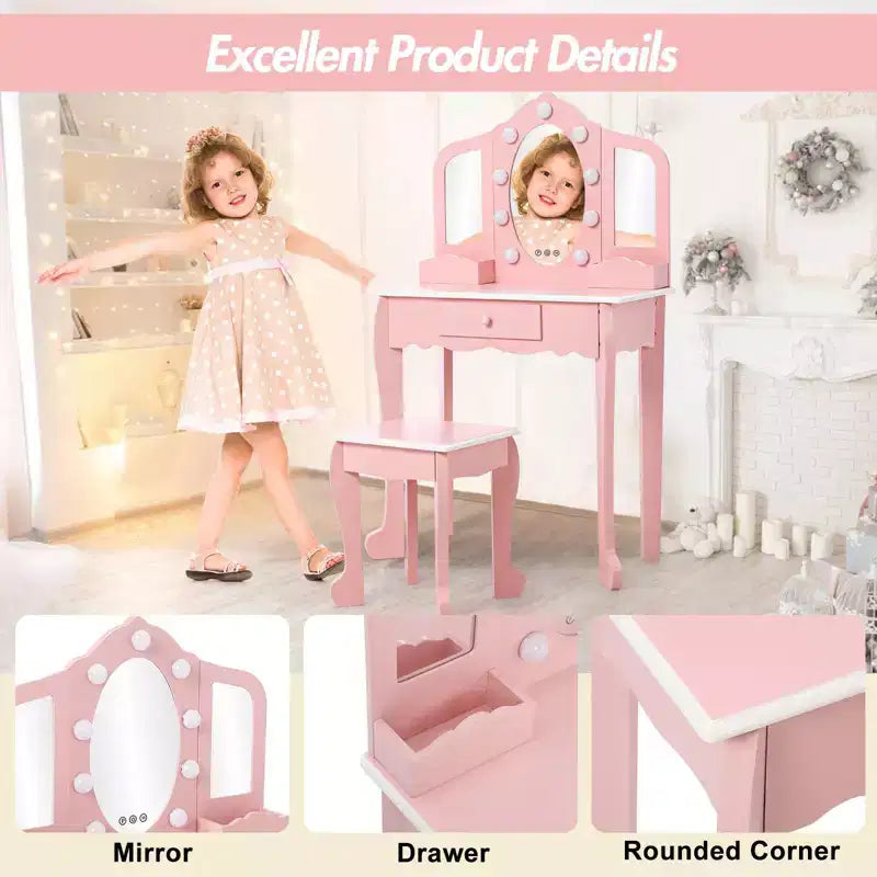 Coiffeuse pour enfant avec miroir lumineux - Table de jeu et tabouret avec miroir triptyque et rangement