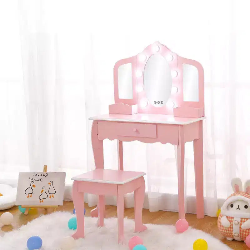 Coiffeuse pour enfant avec miroir lumineux - Table de jeu et tabouret avec miroir triptyque et rangement