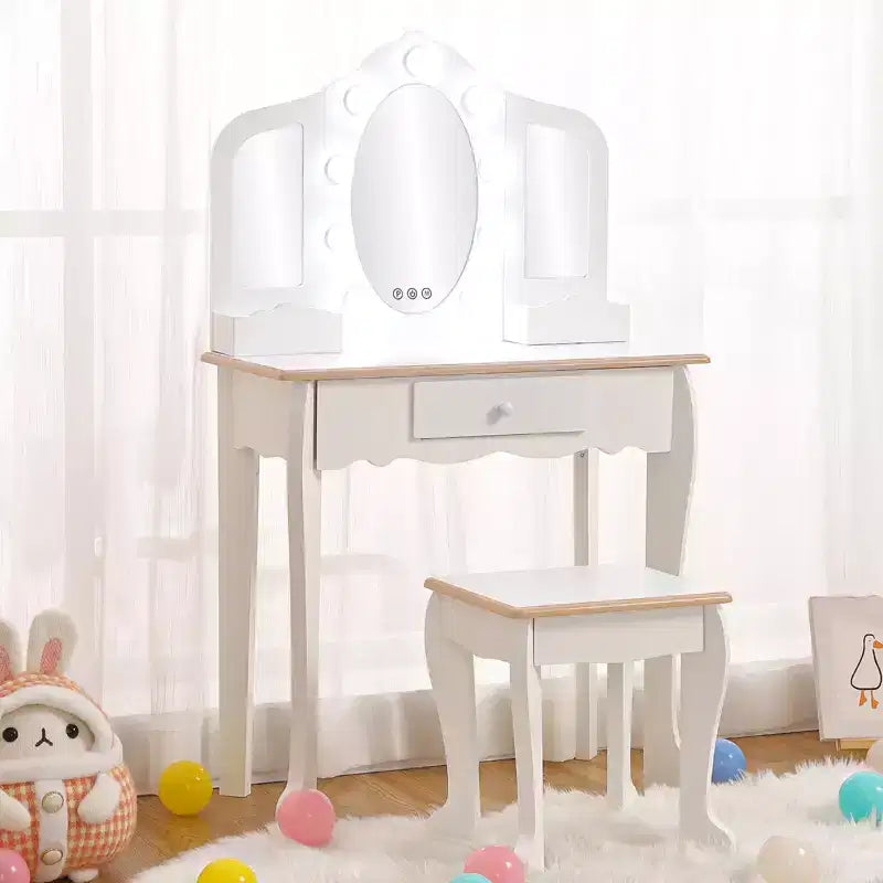 Coiffeuse pour enfant avec miroir lumineux - Table de jeu et tabouret avec miroir triptyque et rangement