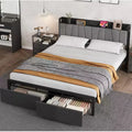 Full/Queen/King Size Platform Bed Frame with Storage Drawers, Charging Station & Upholstered Tall Headboard, Metal Slats, No Box Spring Needed, Black