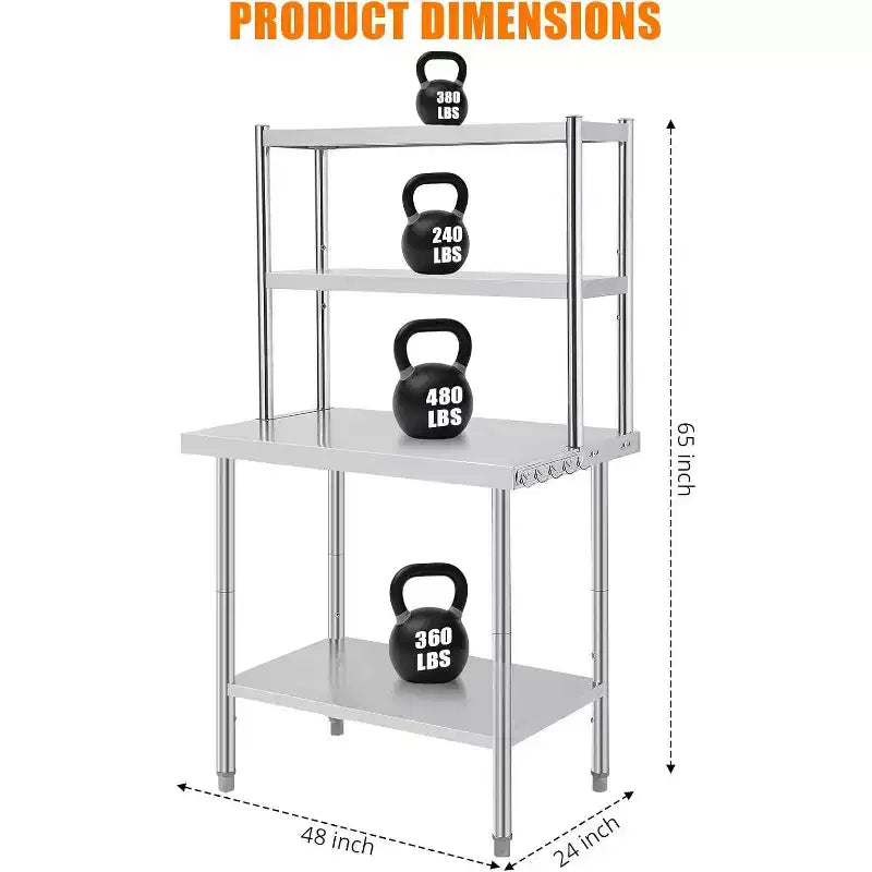 Table en acier inoxydable avec étagères, table de préparation et de travail de cuisine commerciale 48x24, pour cuisine restaurant garage entrepôt