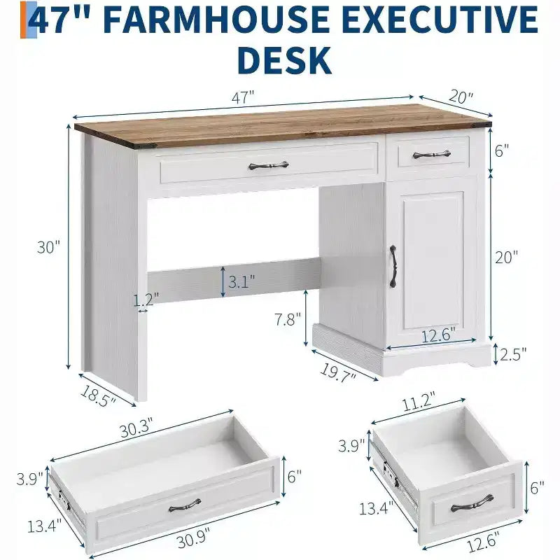 Bureau de direction Acekool 47 avec tiroirs et armoire de rangement, bureau d'ordinateur rustique pour la maison, blanc antique