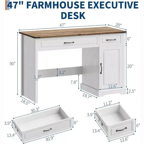 Bureau de direction Acekool 47 avec tiroirs et armoire de rangement, bureau d'ordinateur rustique pour la maison, blanc antique