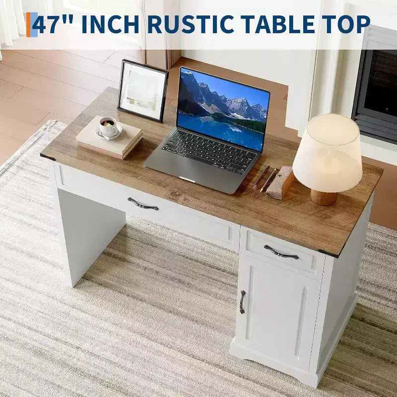 Bureau de direction Acekool 47 avec tiroirs et armoire de rangement, bureau d'ordinateur rustique pour la maison, blanc antique