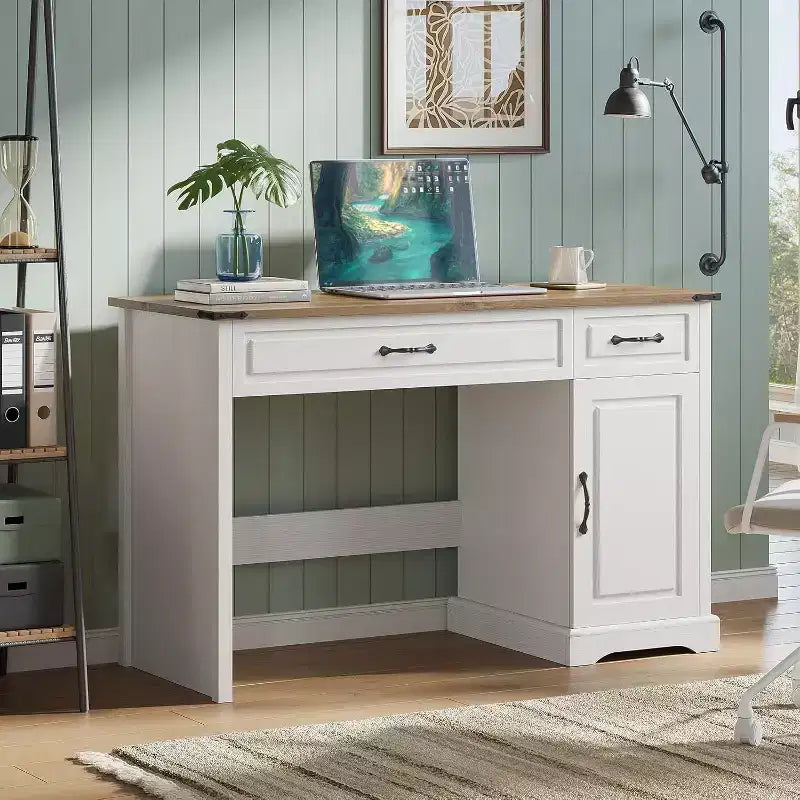 Bureau de direction Acekool 47 avec tiroirs et armoire de rangement, bureau d'ordinateur rustique pour la maison, blanc antique