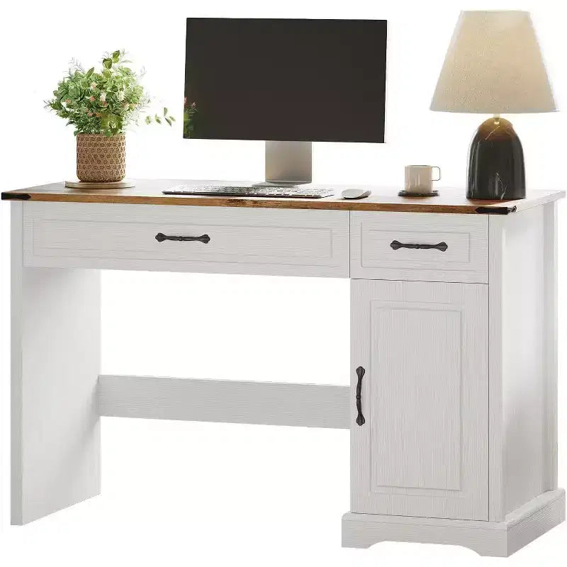 Bureau de direction Acekool 47 avec tiroirs et armoire de rangement, bureau d'ordinateur rustique pour la maison, blanc antique
