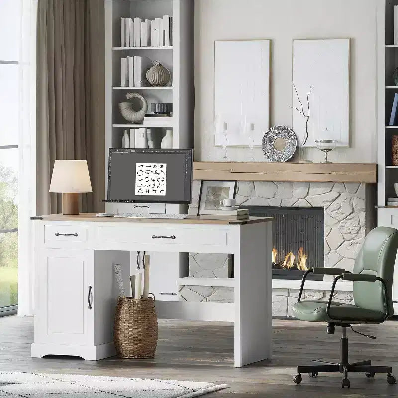 Bureau de direction Acekool 47 avec tiroirs et armoire de rangement, bureau d'ordinateur rustique pour la maison, blanc antique