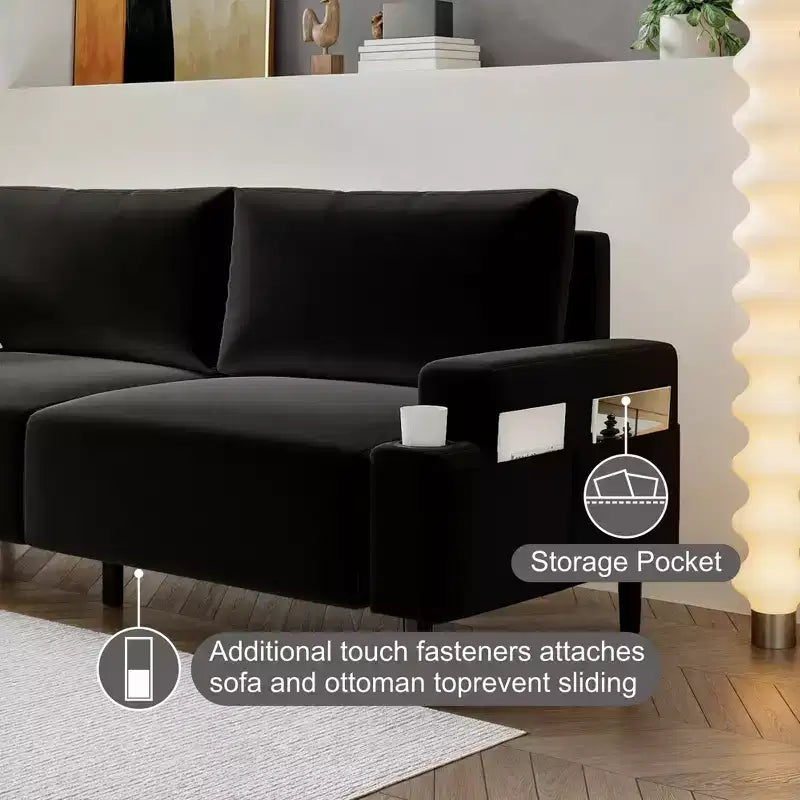 GustoWave Canapé moderne 203 cm - Causeuse avec porte-gobelets et poches latérales, canapé profond pour salon
