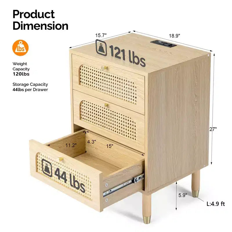 Tables de chevet Karl Home en MDF (panneaux de fibres à densité moyenne) naturel à 3 tiroirs de 48 cm de largeur