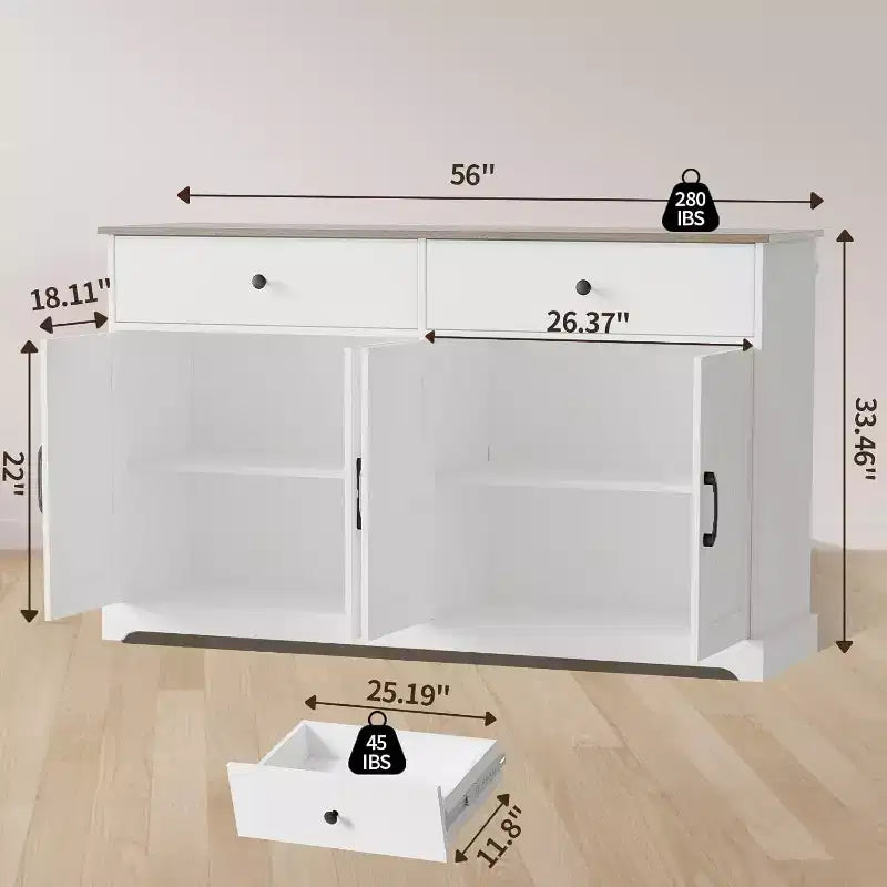 Buffet de Ferme 56'' - Desserte de Rangement avec Tiroirs, Étagère Réglable & Portes Coulissantes, Blanc