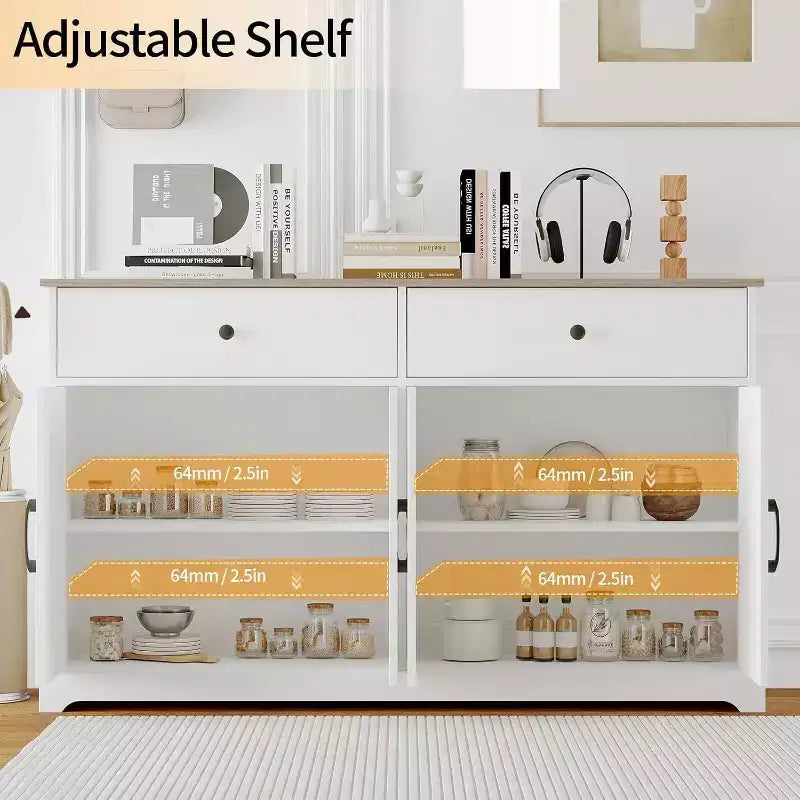 Buffet de Ferme 56'' - Desserte de Rangement avec Tiroirs, Étagère Réglable & Portes Coulissantes, Blanc