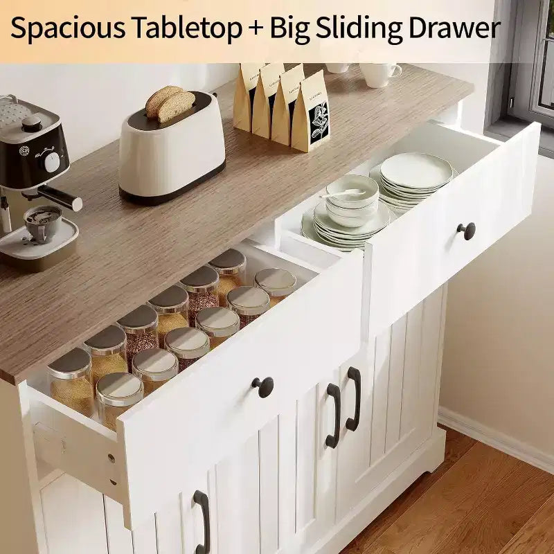 Buffet de Ferme 56'' - Desserte de Rangement avec Tiroirs, Étagère Réglable & Portes Coulissantes, Blanc