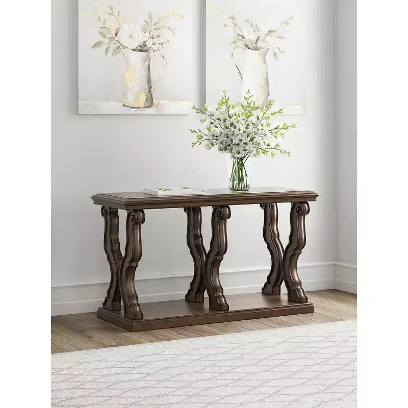 Signature Design by Ashley Maylee, table de canapé, finition brun foncé avec pieds en volutes, bois massifs avec placages de chêne et de frêne