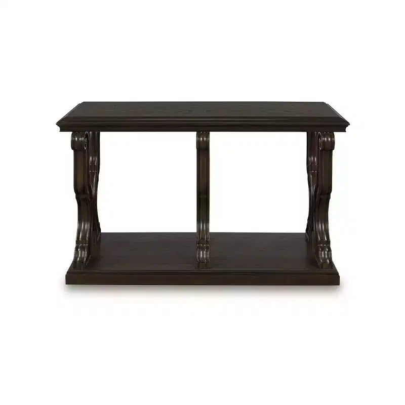 Signature Design by Ashley Maylee, table de canapé, finition brun foncé avec pieds en volutes, bois massifs avec placages de chêne et de frêne