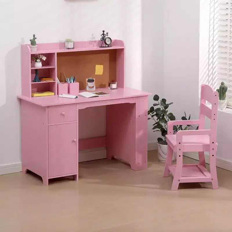 Bureau pour enfants TROPOW, ensemble bureau et chaise pour garçons et filles, table d'écriture en bois pour enfants avec étagère, armoire et tiroir pour les 3-8 ans, rose
