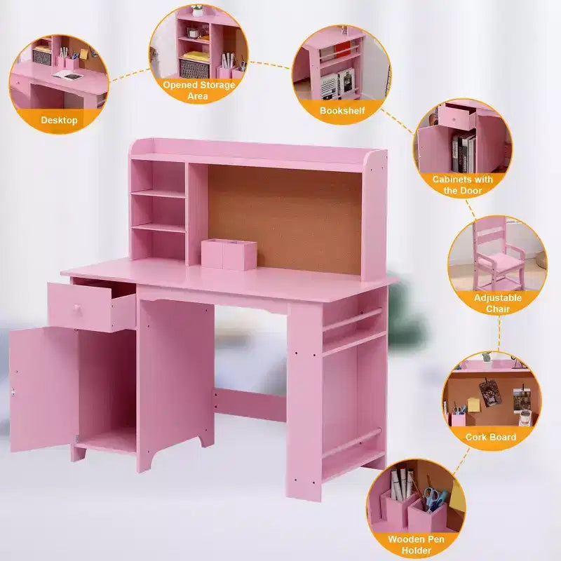 Bureau pour enfants TROPOW, ensemble bureau et chaise pour garçons et filles, table d'écriture en bois pour enfants avec étagère, armoire et tiroir pour les 3-8 ans, rose