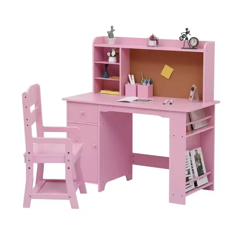 Bureau pour enfants TROPOW, ensemble bureau et chaise pour garçons et filles, table d'écriture en bois pour enfants avec étagère, armoire et tiroir pour les 3-8 ans, rose