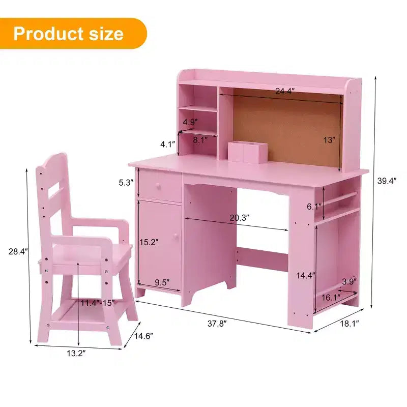 Bureau pour enfants TROPOW, ensemble bureau et chaise pour garçons et filles, table d'écriture en bois pour enfants avec étagère, armoire et tiroir pour les 3-8 ans, rose
