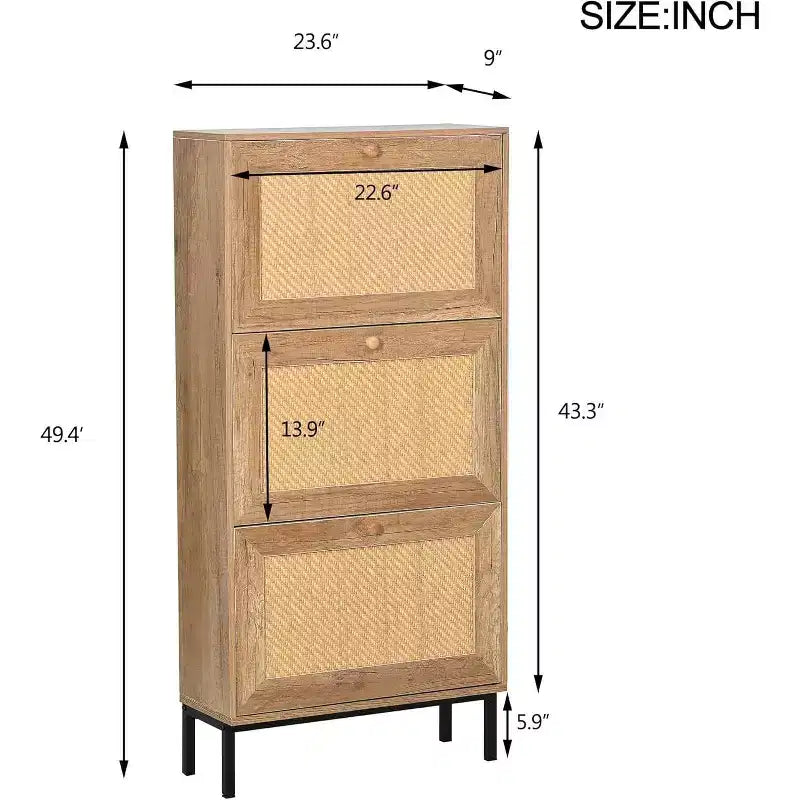 Meuble à chaussures en rotin naturel Acekool, organisateur de chaussures d'entrée à 3 niveaux et 6 compartiments, poignée en bois et base en métal mat, 26,6x9,4x48,2