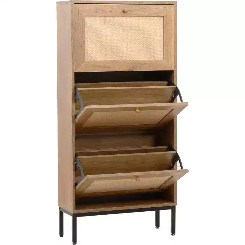 Meuble à chaussures en rotin naturel Acekool, organisateur de chaussures d'entrée à 3 niveaux et 6 compartiments, poignée en bois et base en métal mat, 26,6x9,4x48,2