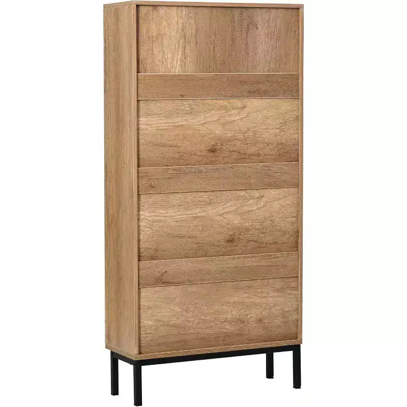 Meuble à chaussures en rotin naturel Acekool, organisateur de chaussures d'entrée à 3 niveaux et 6 compartiments, poignée en bois et base en métal mat, 26,6x9,4x48,2