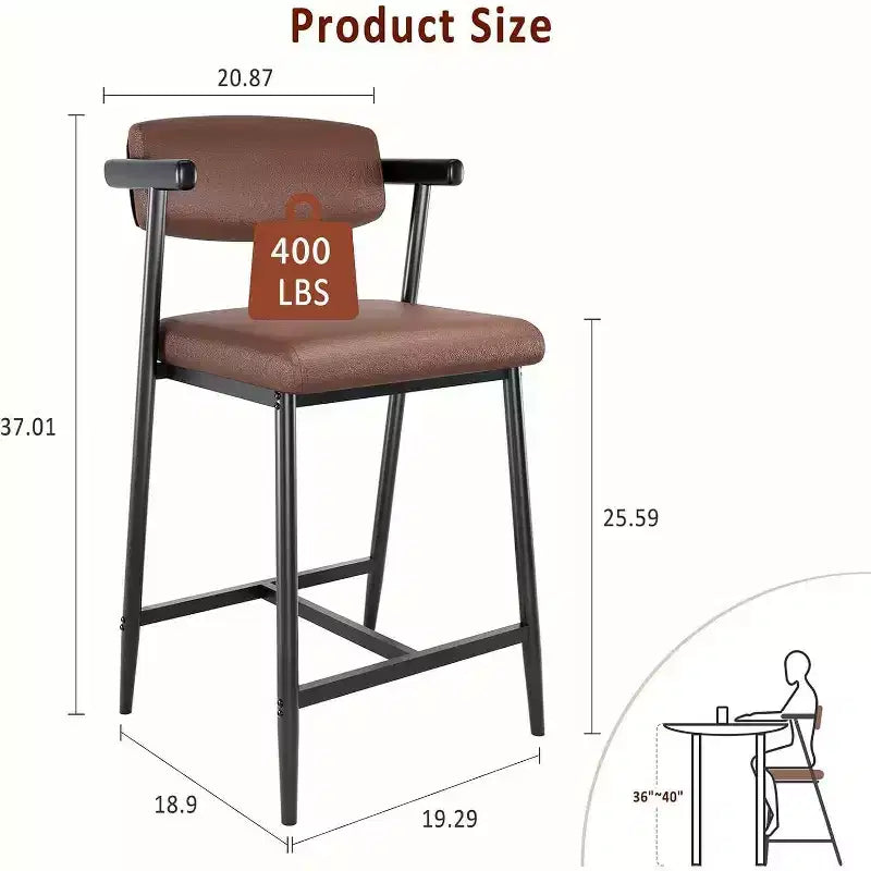Lot de 2 tabourets de bar Acekool à hauteur de comptoir avec accoudoirs, assise et dossier larges rembourrés, cadre en métal avec repose-pieds pour îlot de cuisine, marron rustique