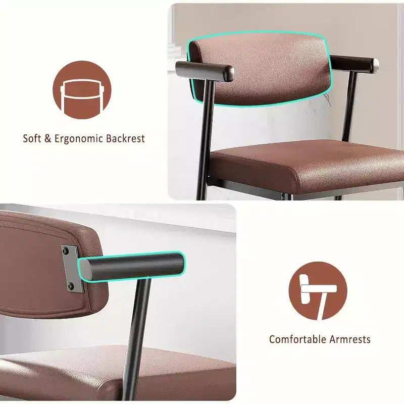 Lot de 2 tabourets de bar Acekool à hauteur de comptoir avec accoudoirs, assise et dossier larges rembourrés, cadre en métal avec repose-pieds pour îlot de cuisine, marron rustique