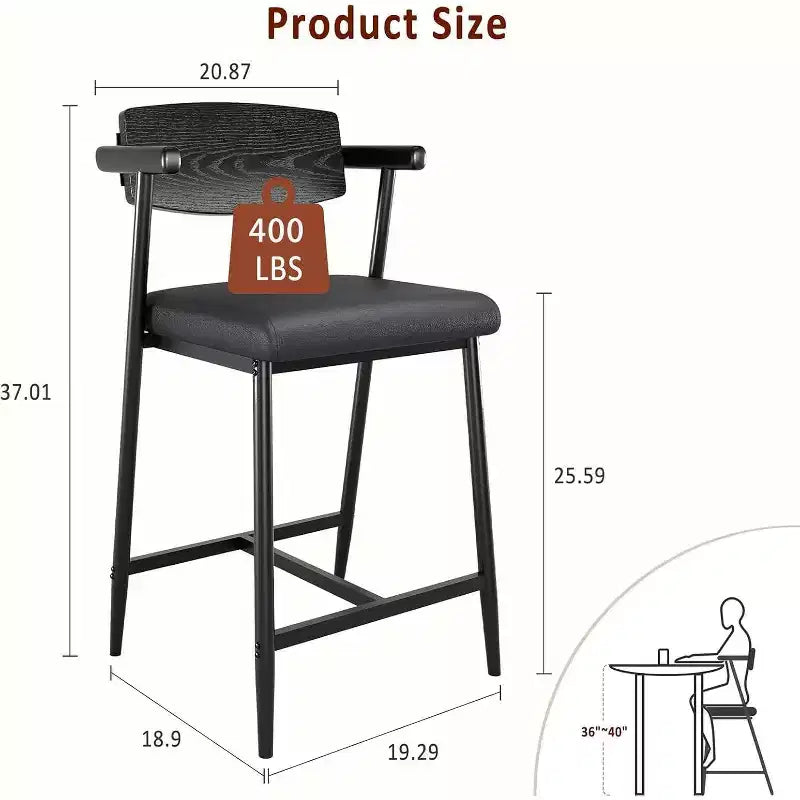 Lot de 2 tabourets de bar Acekool à hauteur de comptoir avec accoudoirs, assise et dossier larges rembourrés, cadre en métal avec repose-pieds pour îlot de cuisine, marron rustique