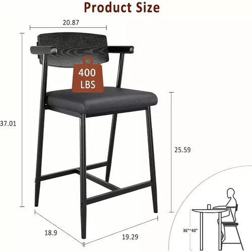 Lot de 2 tabourets de bar Acekool à hauteur de comptoir avec accoudoirs, assise et dossier larges rembourrés, cadre en métal avec repose-pieds pour îlot de cuisine, marron rustique