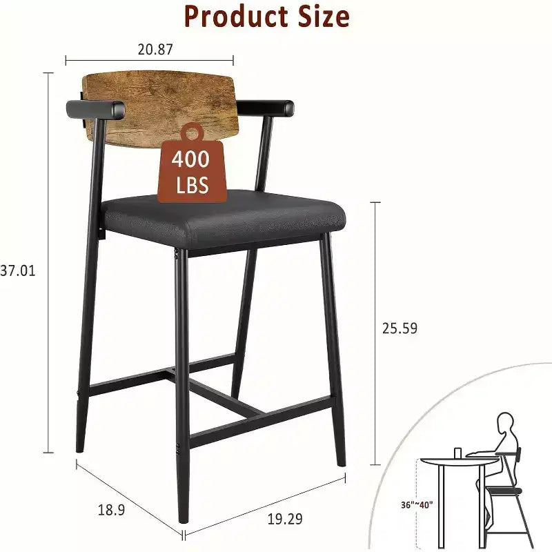 Lot de 2 tabourets de bar Acekool à hauteur de comptoir avec accoudoirs, assise et dossier larges rembourrés, cadre en métal avec repose-pieds pour îlot de cuisine, marron rustique