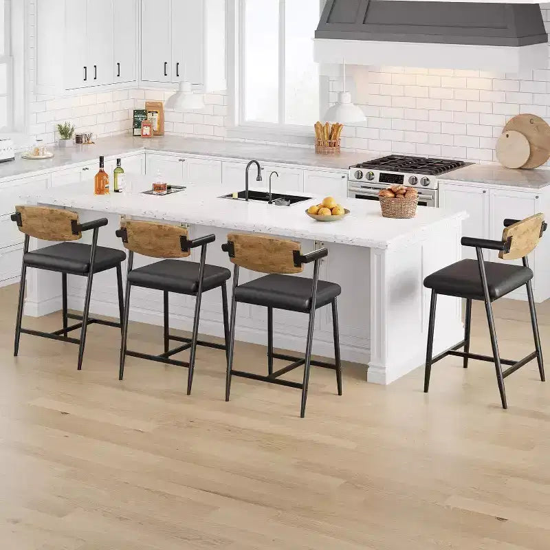 Lot de 2 tabourets de bar Acekool à hauteur de comptoir avec accoudoirs, assise et dossier larges rembourrés, cadre en métal avec repose-pieds pour îlot de cuisine, marron rustique