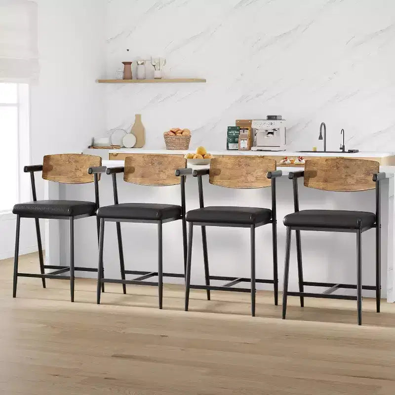 Lot de 2 tabourets de bar Acekool à hauteur de comptoir avec accoudoirs, assise et dossier larges rembourrés, cadre en métal avec repose-pieds pour îlot de cuisine, marron rustique