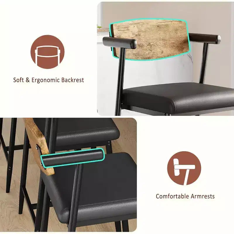 Lot de 2 tabourets de bar Acekool à hauteur de comptoir avec accoudoirs, assise et dossier larges rembourrés, cadre en métal avec repose-pieds pour îlot de cuisine, marron rustique