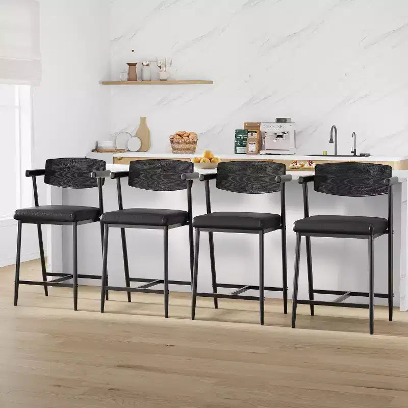 Lot de 2 tabourets de bar Acekool à hauteur de comptoir avec accoudoirs, assise et dossier larges rembourrés, cadre en métal avec repose-pieds pour îlot de cuisine, marron rustique