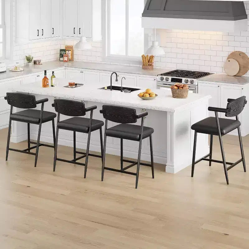 Lot de 2 tabourets de bar Acekool à hauteur de comptoir avec accoudoirs, assise et dossier larges rembourrés, cadre en métal avec repose-pieds pour îlot de cuisine, marron rustique