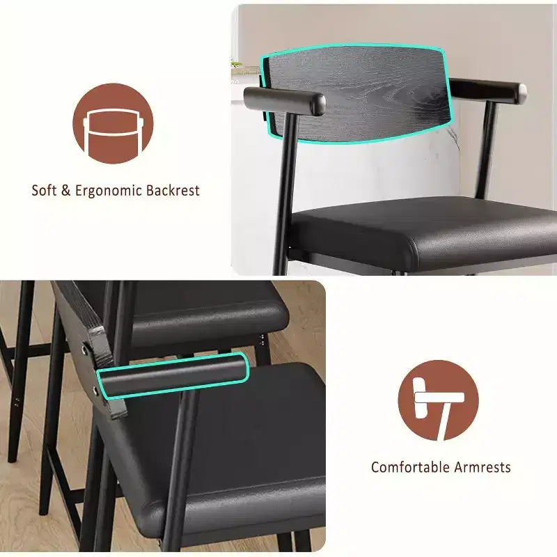 Lot de 2 tabourets de bar Acekool à hauteur de comptoir avec accoudoirs, assise et dossier larges rembourrés, cadre en métal avec repose-pieds pour îlot de cuisine, marron rustique