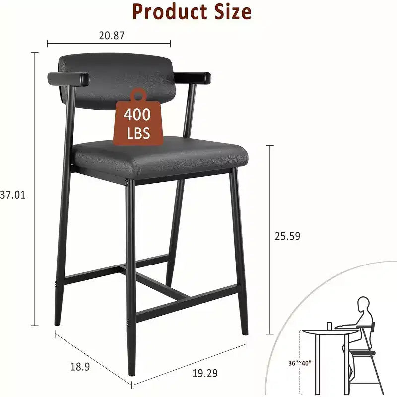 Lot de 2 tabourets de bar Acekool à hauteur de comptoir avec accoudoirs, assise et dossier larges rembourrés, cadre en métal avec repose-pieds pour îlot de cuisine, marron rustique